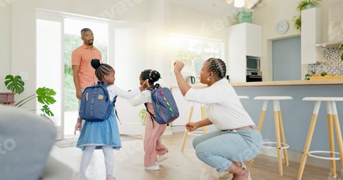 Preview: Black family, mother and wave at kids going to school with love, care or affection. Goodbye, parent