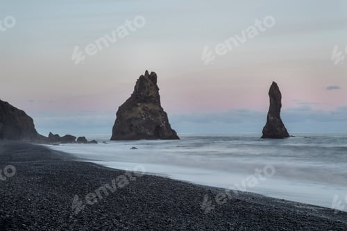 Preview: Basalt rock formations Troll toes on black beach. Reynisdrangar, Vik, Iceland