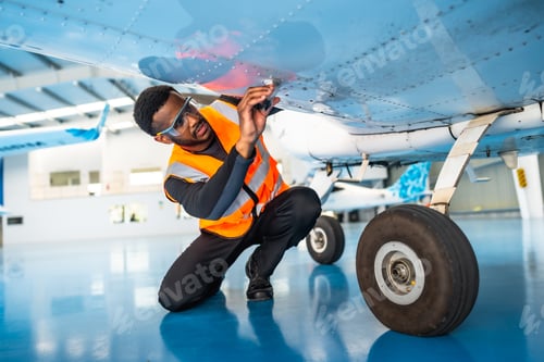 Preview: Aircraft maintenance engineer inspecting airplane wing in hangar