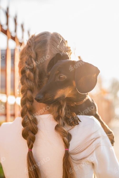 Preview: Young woman hugging her dog outdoors in Sunset