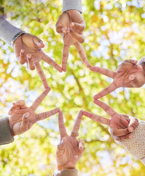 Preview: Star, finger and group linked from below for support, community and collaboration with friendship.
