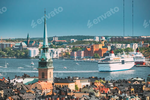 Preview: Stockholm, Sweden. Scenic View Of Skyline At Summer Day. Elevated View Of German St Gertrude's