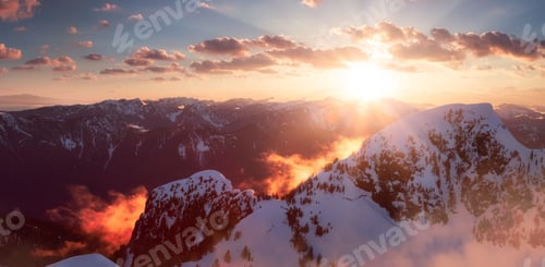 Preview: Coastal Canadian Mountain Landscape covered in Snow. Aerial View Background