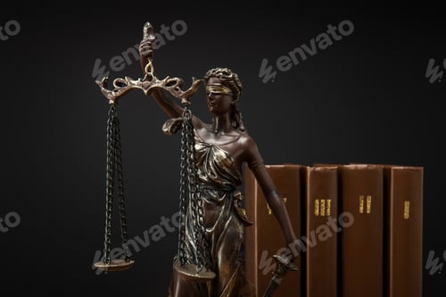 Preview: bronze statuette with scales of justice and volumes of brown books isolated on black