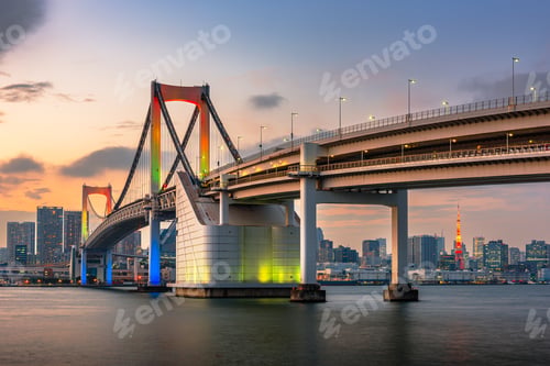 Preview: Tokyo, Japan skyline panorama with Rainbow Bridge and Tokyo Tower