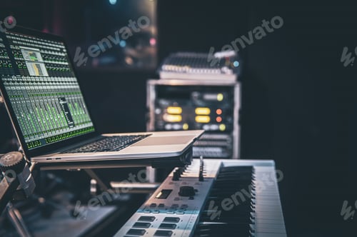 Preview: Laptop screen showing the interface of a music program for working with sound.