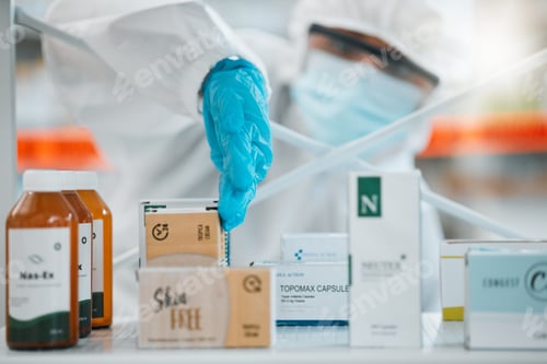 Preview: Drugs, pharmacy and disinfection, person in PPE for hygiene and cleaning, safety from bacteria and