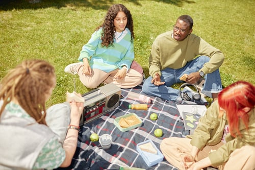 Preview: Friends on Picnic Chatting and Enjoying on Snacks and Sunshine Outdoors