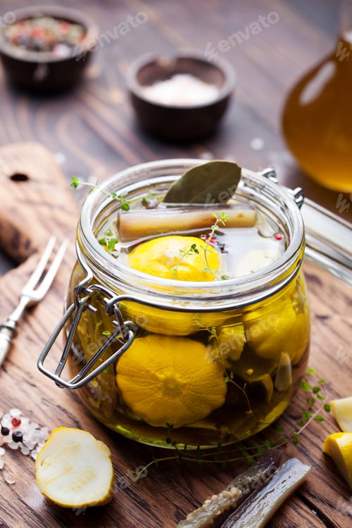 Preview: Marinated yellow pattypan summer squash, eggplant