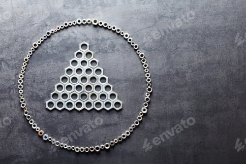 Preview: Screw nuts triangle in circle on metal texture background