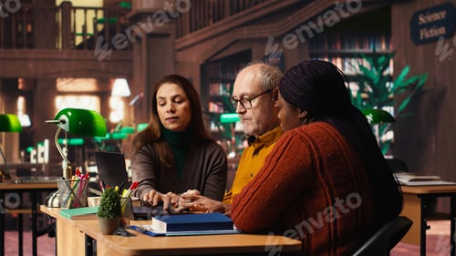 Preview: Multiethnic group of students discussing about academic materials