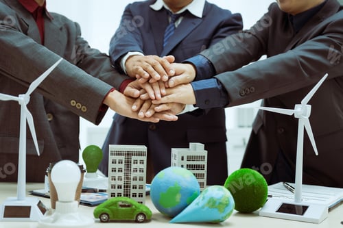 Preview: Three businessmen meet table to discuss the development of a clean energy and environmental city