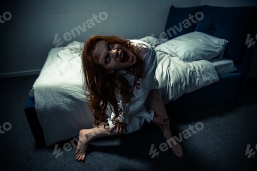 Preview: demonic woman in nightgown screaming in bedroom