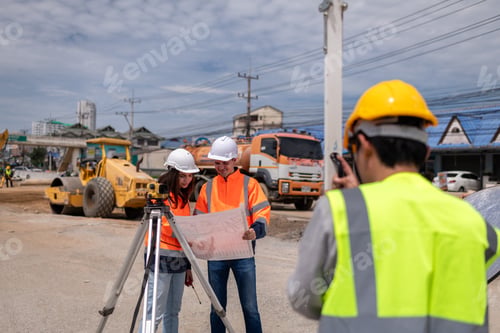 Preview: Engineers Surveyor wearing safety uniform ,helmet with equipment theodolite to measurement positioni