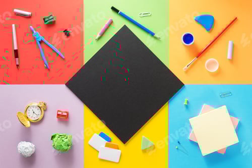 Visualização: material escolar em fundo colorido abstrato