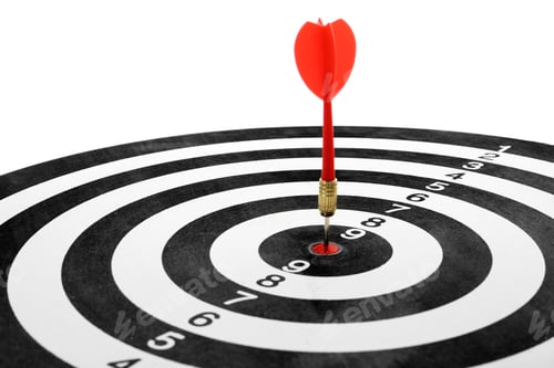 Preview: Red arrow hitting target on dart board against white background