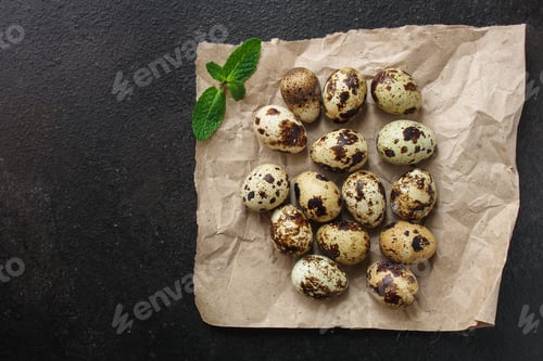 Preview: Quail Eggs (Tasty Fresh, Vitamins) Menu Concept. Food Background. Top View. Copy Space