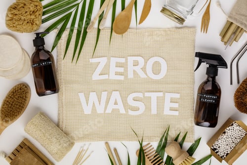 Preview: Zero waste concept, eco friendly accessories, flat lay