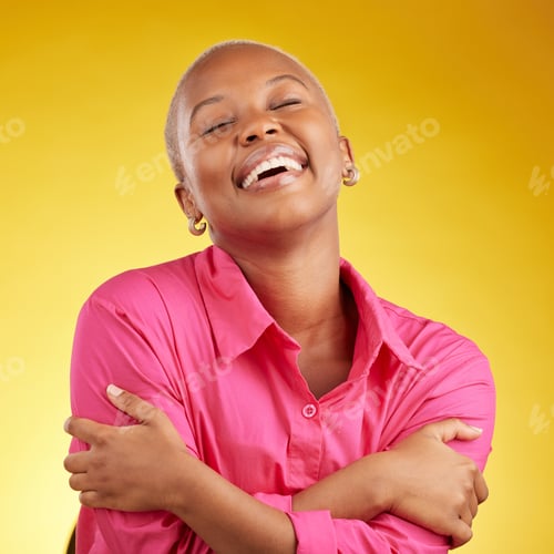 Preview: Smile, hug and black woman in studio with self love, acceptance and positive mindset on yellow back