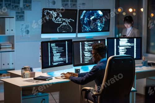 Preview: Young contemporary cyber security manager typing in front of computer