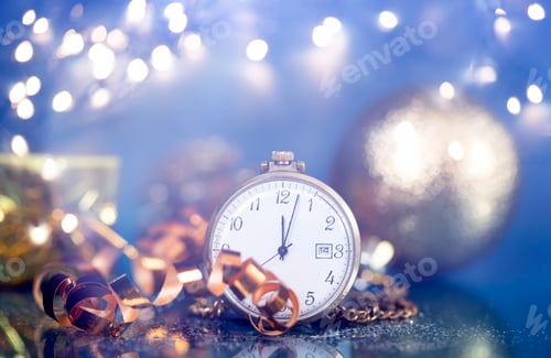 Preview: New Year's at midnight - Old clock with Christmas decoration and holiday lights