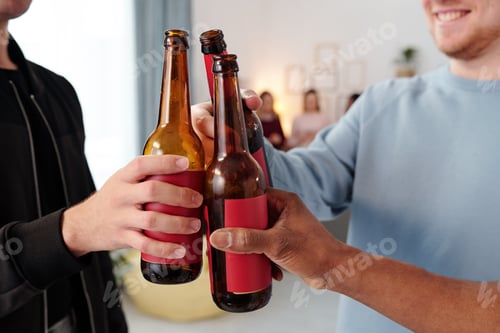 Preview: Hands of young intercultural men in casualwear clinking with bottles of beer