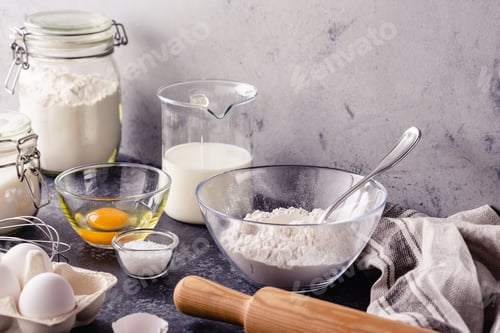 Preview: Cooking ingredients for dough, eggs, flour, sugar, milk.