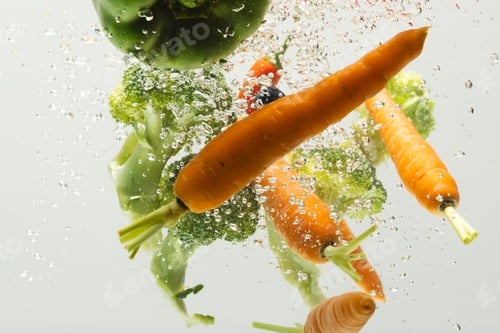 Preview: Close up of fresh vegetables falling into water with copy space on white background
