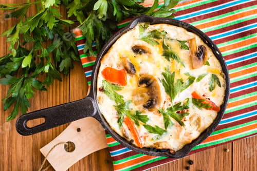 Preview: Frittata made from eggs, tomatoes, mushrooms, chicken and cheese in a frying pan and fresh parsley