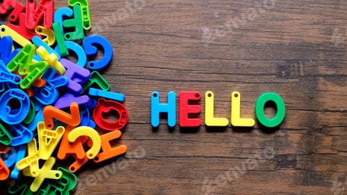 Preview: 'Hello' colorful word on the wooden background