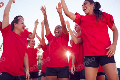 Preview: Womens Football Team Celebrating Winning Soccer Match On Outdoor Astro Turf Pitch