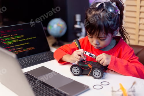 Preview: Asia students learn at home in coding robot cars and electronic board cables in STEM,