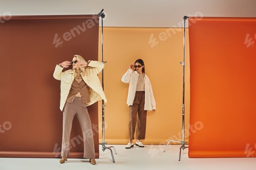 Preview: fall season, multiethnic models in sunglasses and autumn outerwear posing on colorful backdrop
