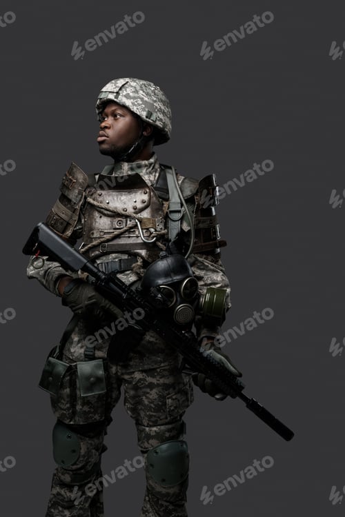 Preview: Black army soldier with rifle isolated on dark gray background
