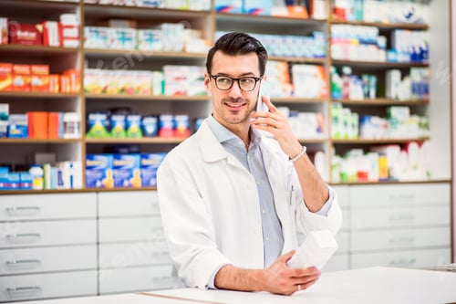 Preview: Young friendly male pharmacist with smartphone, making a phone call.