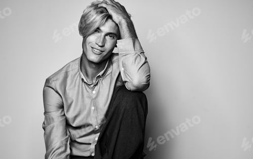 Preview: Portrait of a young man gray picture model shirt pants
