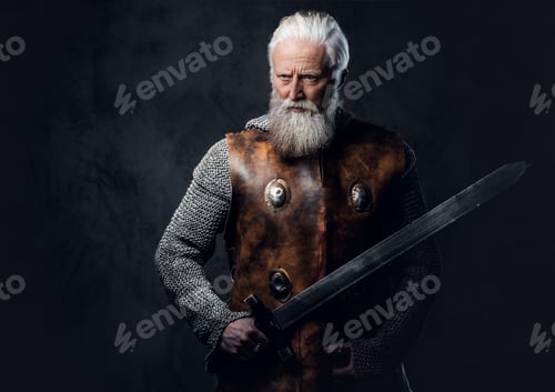 Preview: Senior knight with sword posing against dark background