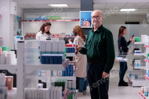 Preview: elderly man waiting to buy medicine at drugstore