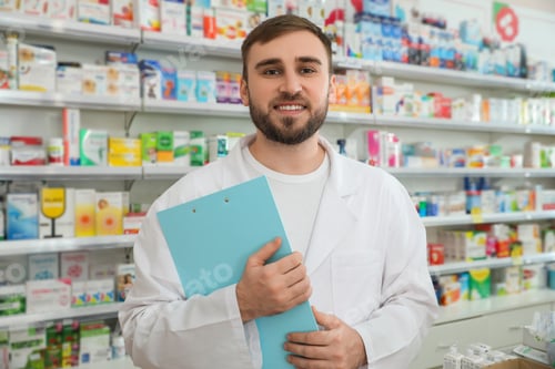 Preview: Professional pharmacist with clipboard in modern drugstore