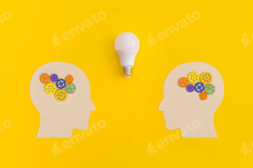 Preview: Human heads with gears on yellow background