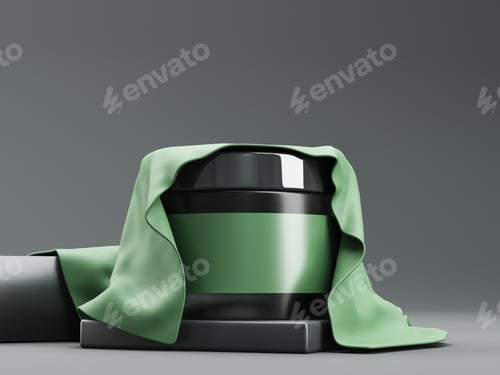 Preview: 3d render of glass matte jar with empty label. Men makeup or skin care cosmetics. Black and green