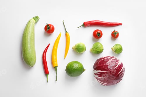 Preview: Fresh vegetables and fruit on white background, top view