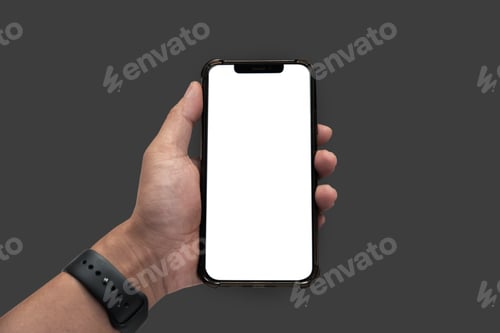 Preview: Man holding smartphone with blank screen, close-up of hands. Space for text.