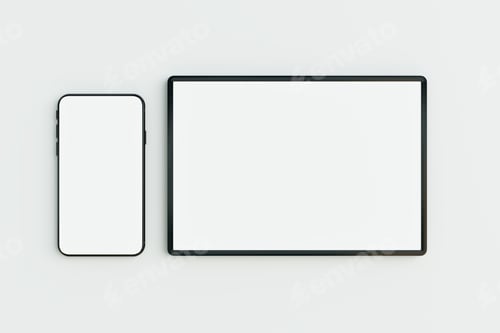 Preview: Mock up white screen smart device on podium presentation