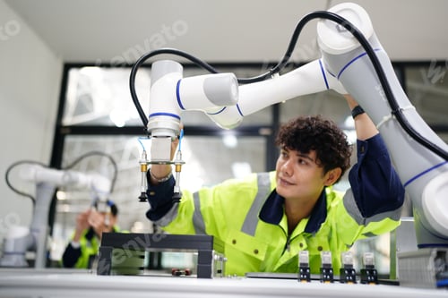 Preview: Robotic Arm engineer check on equipment in its with software of Artificial Intelligence Unit.