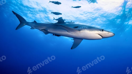 Preview: Shark underwater in blue ocean with light
