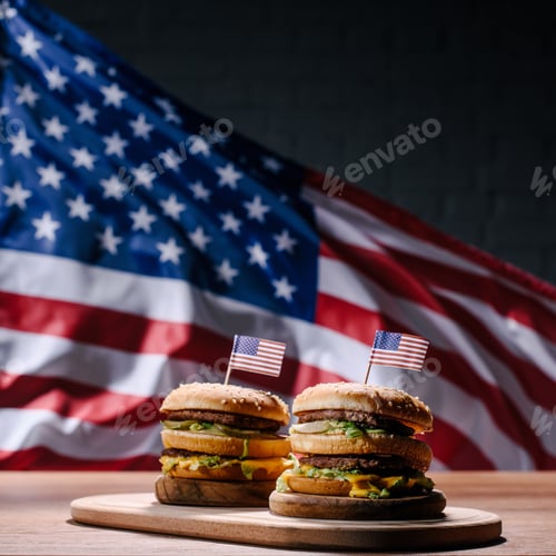 Preview: tasty burgers on wooden cutting board in front of waving united states flag