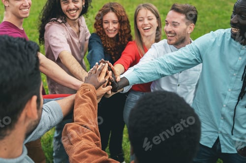 Preview: Diverse team unity hands joined celebrating inclusive multicultural collaboration