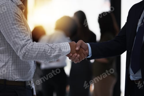 Preview: Shot of two silhouetted businesspeople shaking hands in front of a window in the office