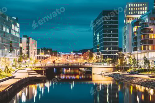 Preview: Oslo, Norway. Night View Embankment And Residential Multi-storey House In Gamle Oslo District